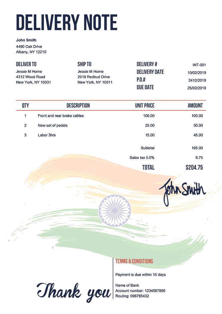 Delivery Note Template En Flag Of India 