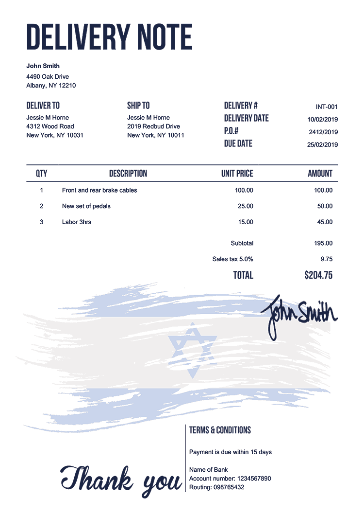 Delivery Note Template En Flag Of Israel 