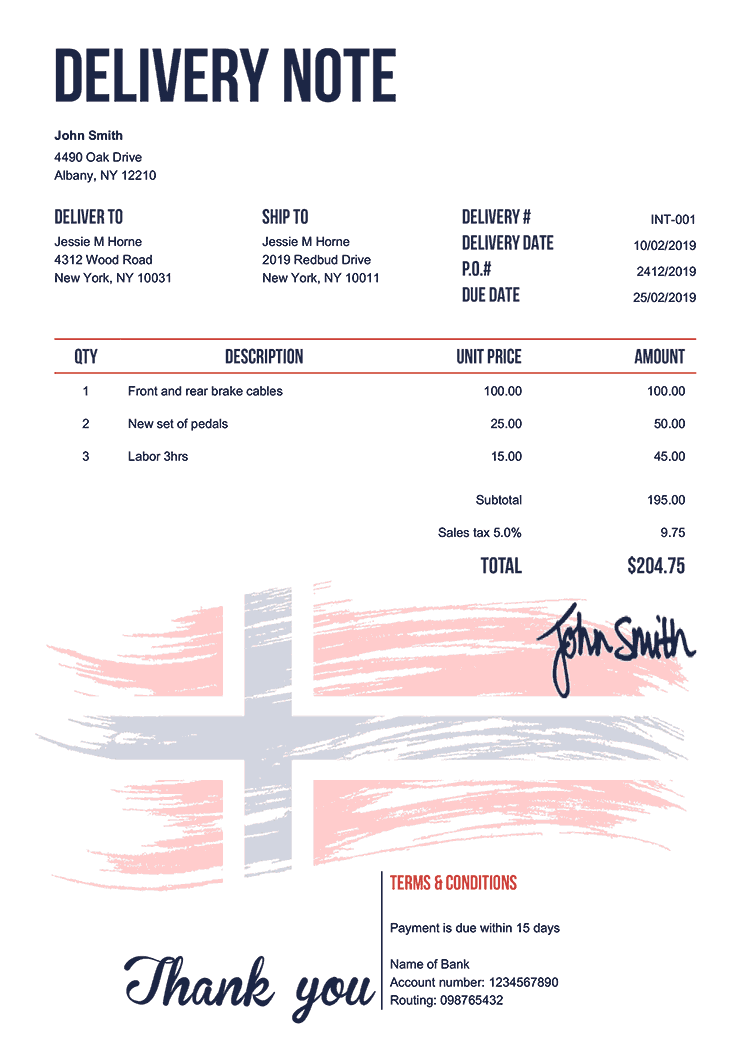 Delivery Note Template En Flag Of Norway 