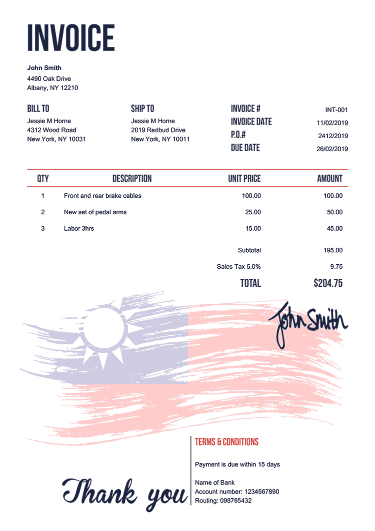 Invoice Template En Flag Of Taiwan 